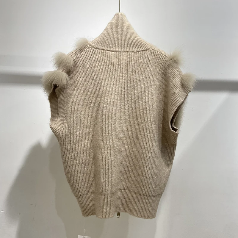 Korea Style Autumn Girl's Khaki Real Fox Fur Decoration Sleeveless High Collar Sweater Knitted Waistcoat Mandarin Collar Vest