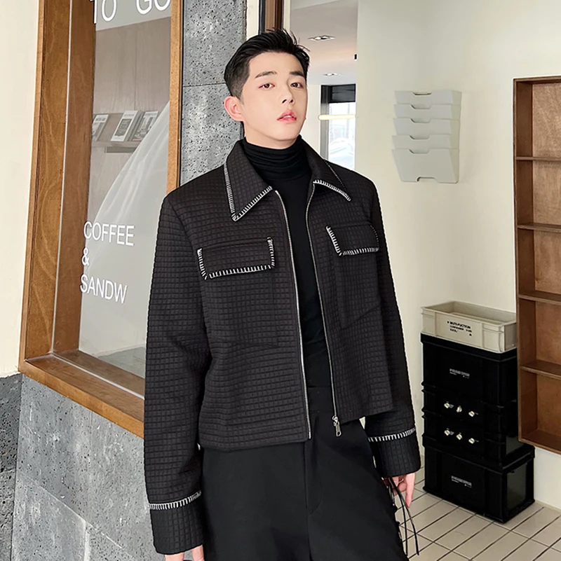 

Faionable Men's Khaki Spring Autumn Jaet with Contrast Color Stitching And Square Collar Regular Fit Outerwear Coat