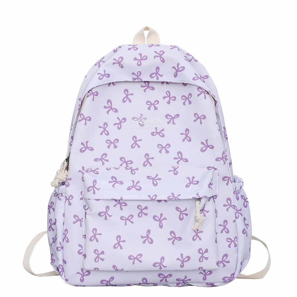 Nylon Student Backpack Bow Printed for Girls Women Schoolbag Adjustable Strap Travel Bag Cute Knapsack Rucksack