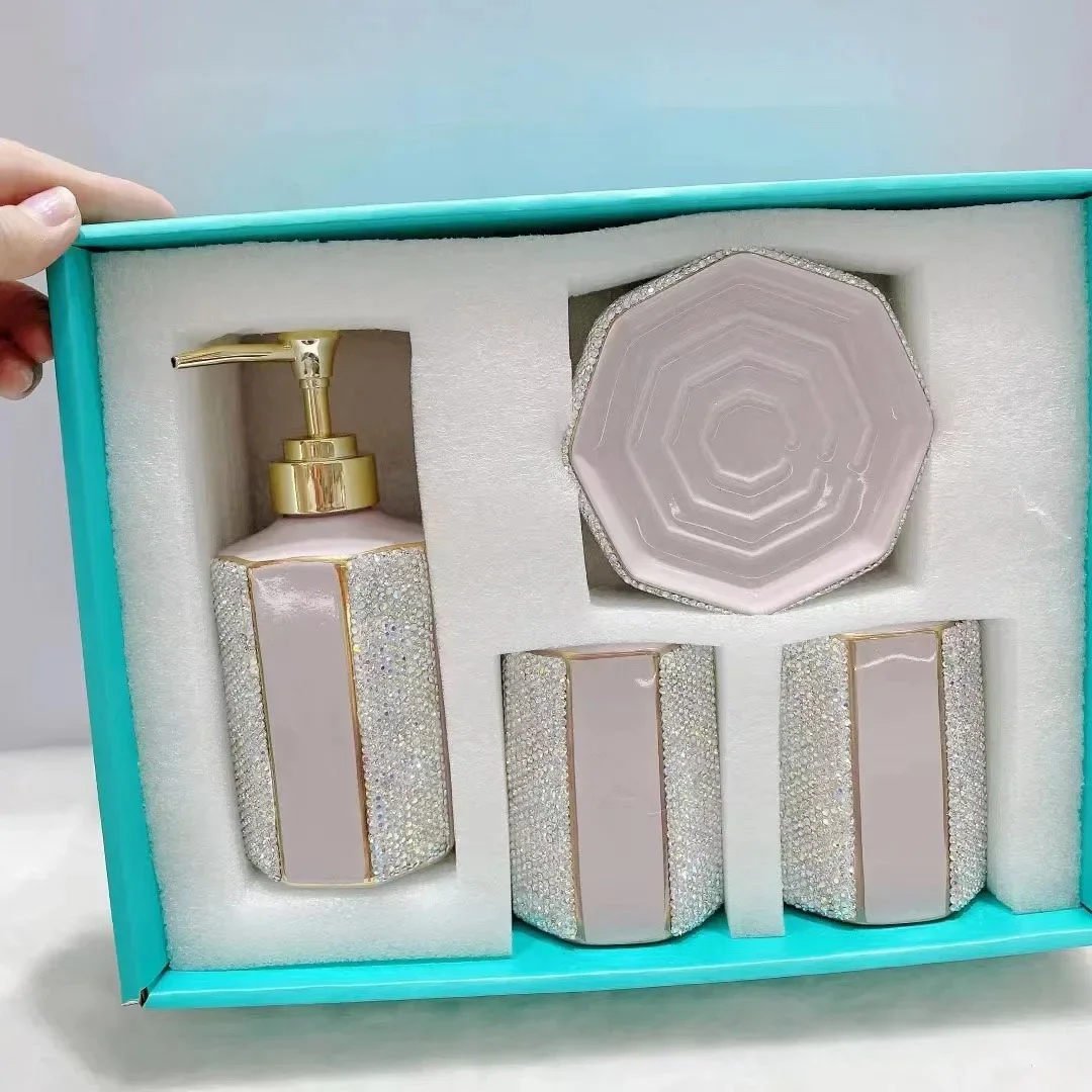 Rhinestones Ceramic Empty Lotion Bottle Liquid Soap Dispenser Pump Container Wash Cup Toothpaste Tooth Brush Organizers 4PCS Set