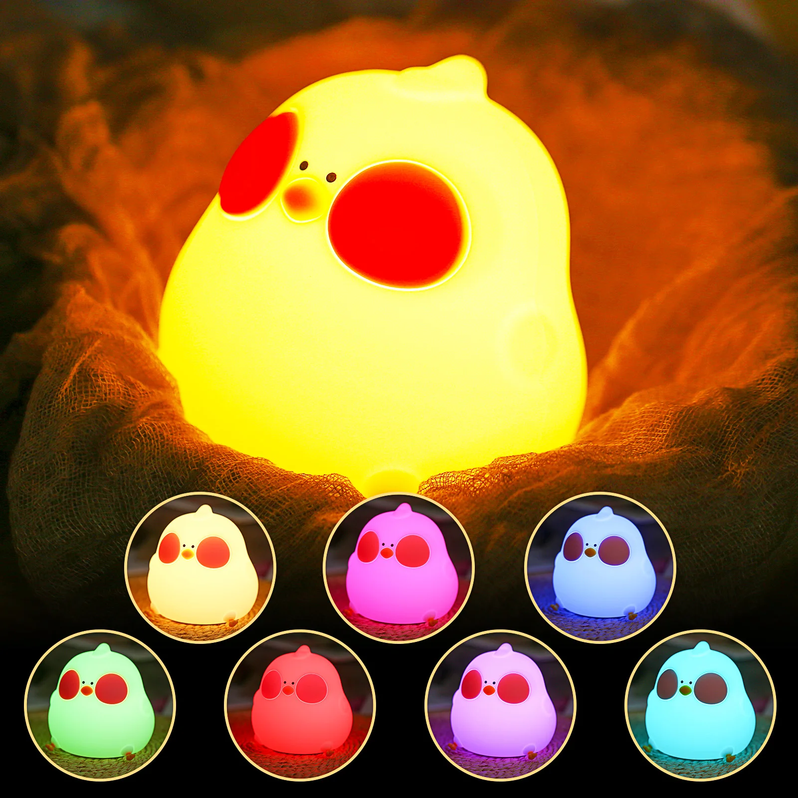 

RGB Changing Nightlight Cute Chicken Night Light Silicone Chick Bedside Nursery Lamp Dimmable Rechargeable Tap Control for Baby