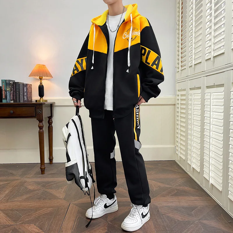 Vielseitiger, trendiger zweiteiliger Trainingsanzug für Herren mit Kapuze, lockerer Passform, langärmligem Sweatshirt, Jogginghose mit Kordelzug, Schuluniform, Alltagskleidung – Detail 5