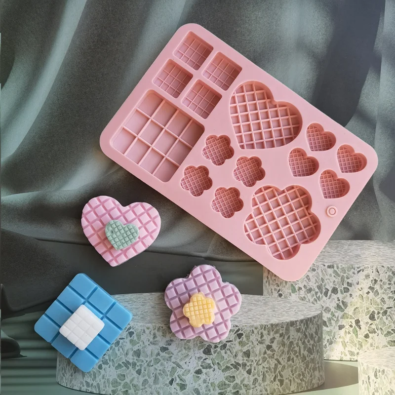 Porous Waffle Love Silicone Baking Mould Heart Flower Chocolate Jelly Ice Mold Square Cake Decor Making Set DIY Soap Candle Gift