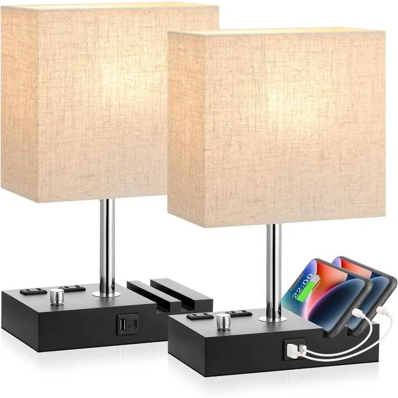 

Table Lamp for Bedroom with USB Ports Beige Fully Dimmable Bedside Lamp with Phone Stands and 2 Charging Outlets Light Fixture