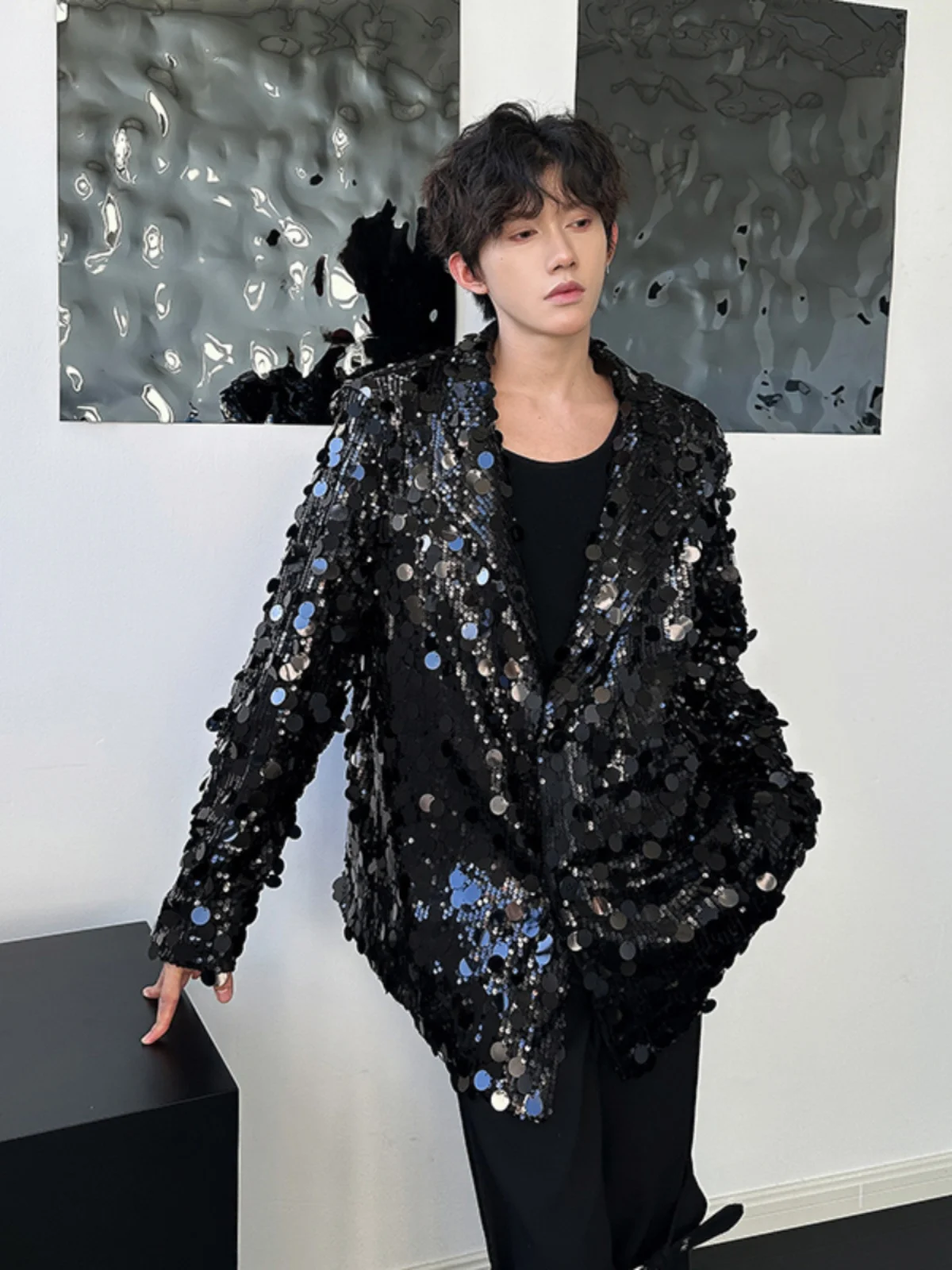 2024 Men's Solid Color Sequined Long-sleeve Chic Blazers Men's High-end High Street Shiny Performance Suit Jackets Blazer Men