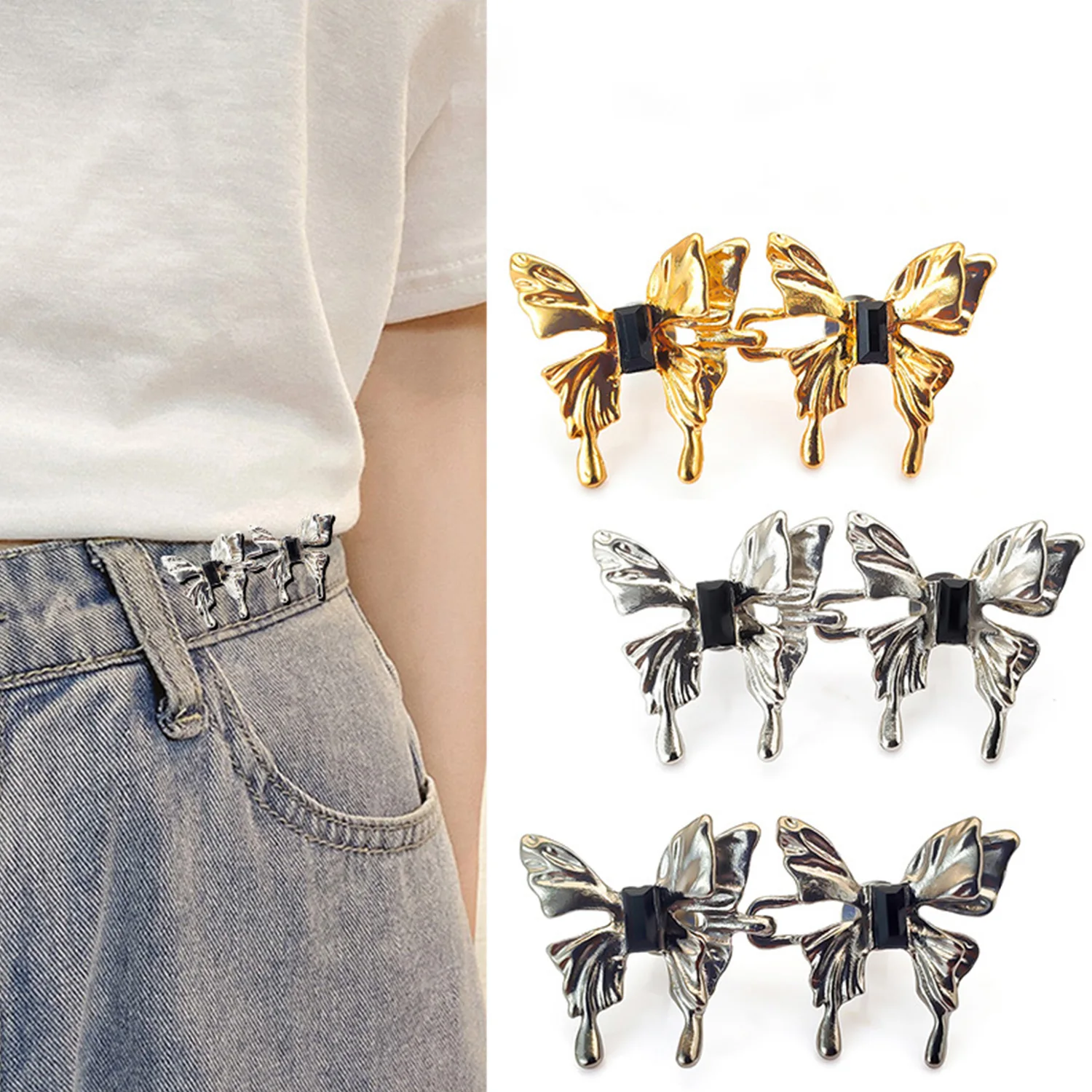 2Pcs Butterfly Shaped Adjustable Jean Button Waist Buckle Snap Pants Buckle Extender Replacement Jeans Button Attacher Pins