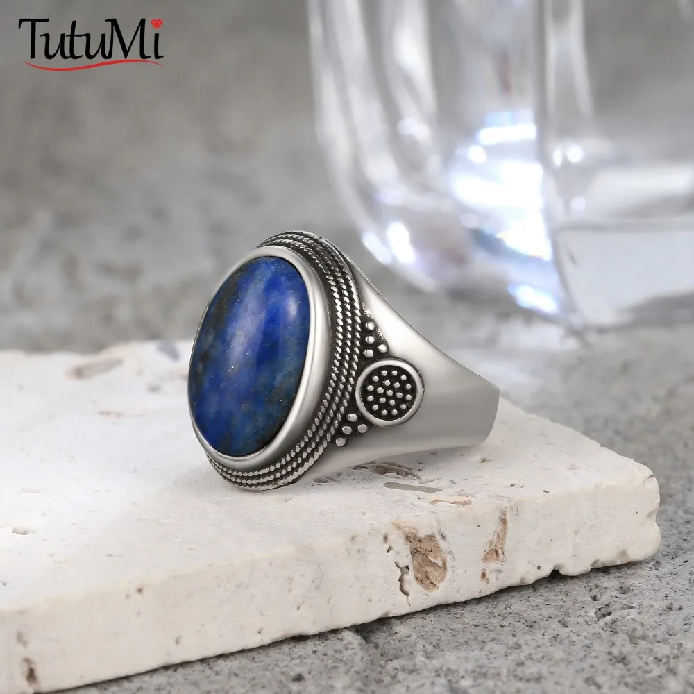 

925 Sterling Silver Ring Oval Natural Lapis Rings for Men Women Anniversary Gift Vintage Jewelry