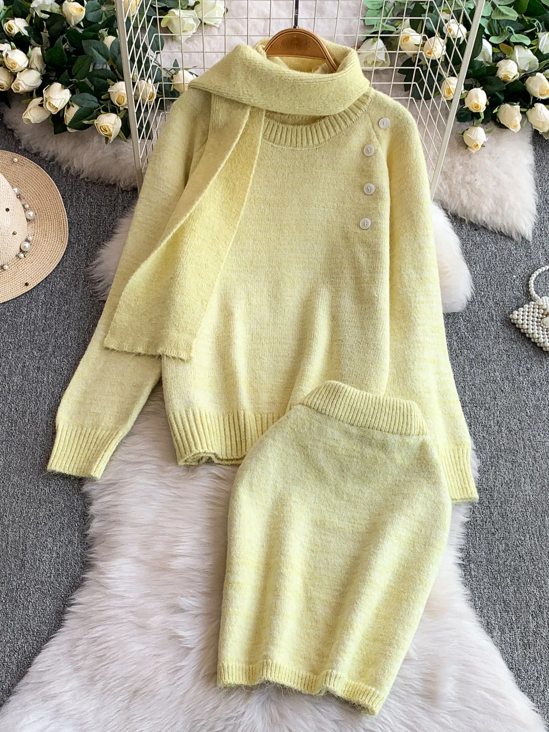 

Осень-зима Мягкий круглый свитер Ne с Sa + облегающая юбка с высокой талией, комплект из двух предметов, теплый и удобный Faio...