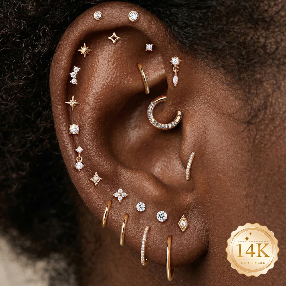 AIDE 14K massives Gold, glänzender Mini-Stern-/Blumen-Anhänger, Piercing-Ohrringe für Frauen, zierliche Luxus-Ohrknochen-Ohrringe, Jubiläumsgeschenke