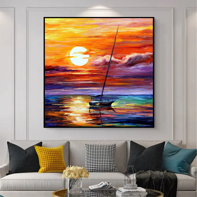

Beach Canvas Wall Art For Wall Decor Sea Sunset Beach Hand-painted Oil Painting On Canvas Seascape Pictures For Home Decoration