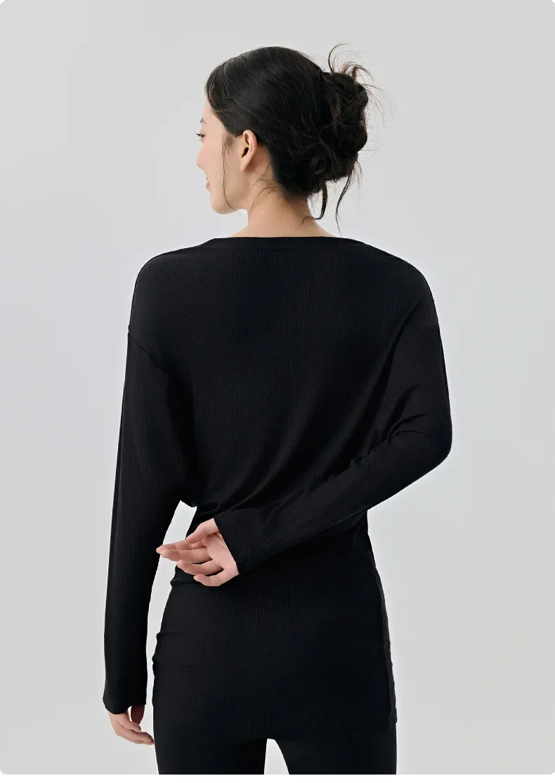 Lockere Fitness-Bluse mit großem U-Ausschnitt, sexy Trainingsjacke, langer Stil, der das Gesäß und unangenehme Linien bedeckt, weich für Frauen. – Detail 16