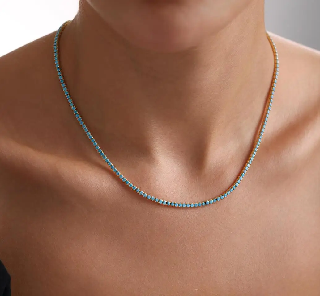 New Blue Turquoise 3mm CZ 1 Row Tennis Chain Necklace Hip Hop Iced Out Natural Stone Choker Jewelry Gold Color For Women Men