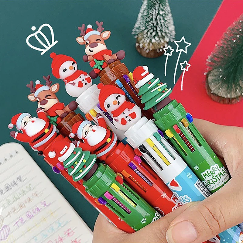 1PC Christmas 10-color Ballpoint Pen Student Press Pen Color Pen Santa Claus Ballpoint Pen 0.5mm School Stationery Kids Gifts