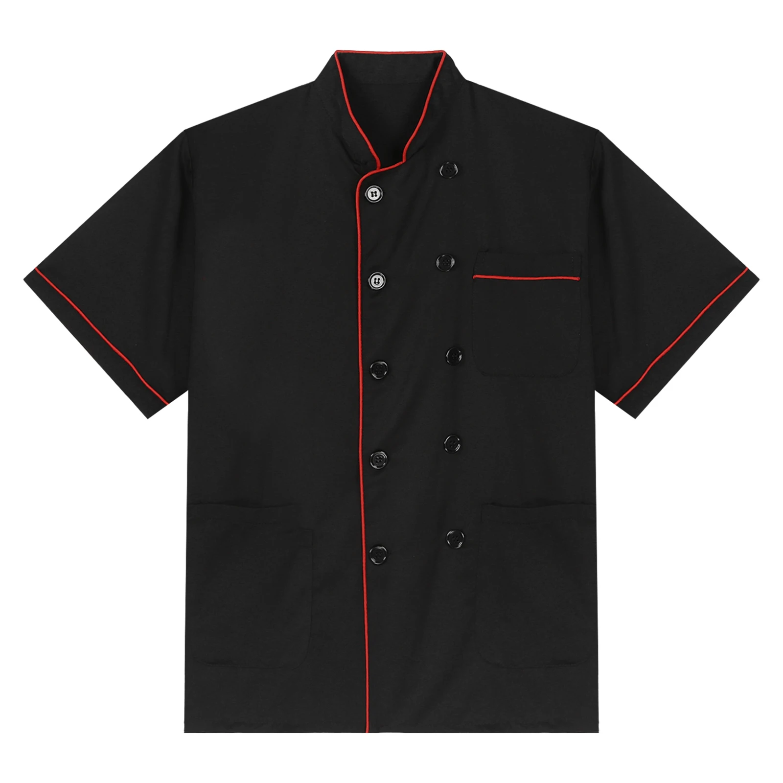 Mens Chef Shirt Fashion Stand Collar Short Sleeve Jacket Coat Double-Breasted Restaurant Hotel Cooks Work Uniform with Pocket