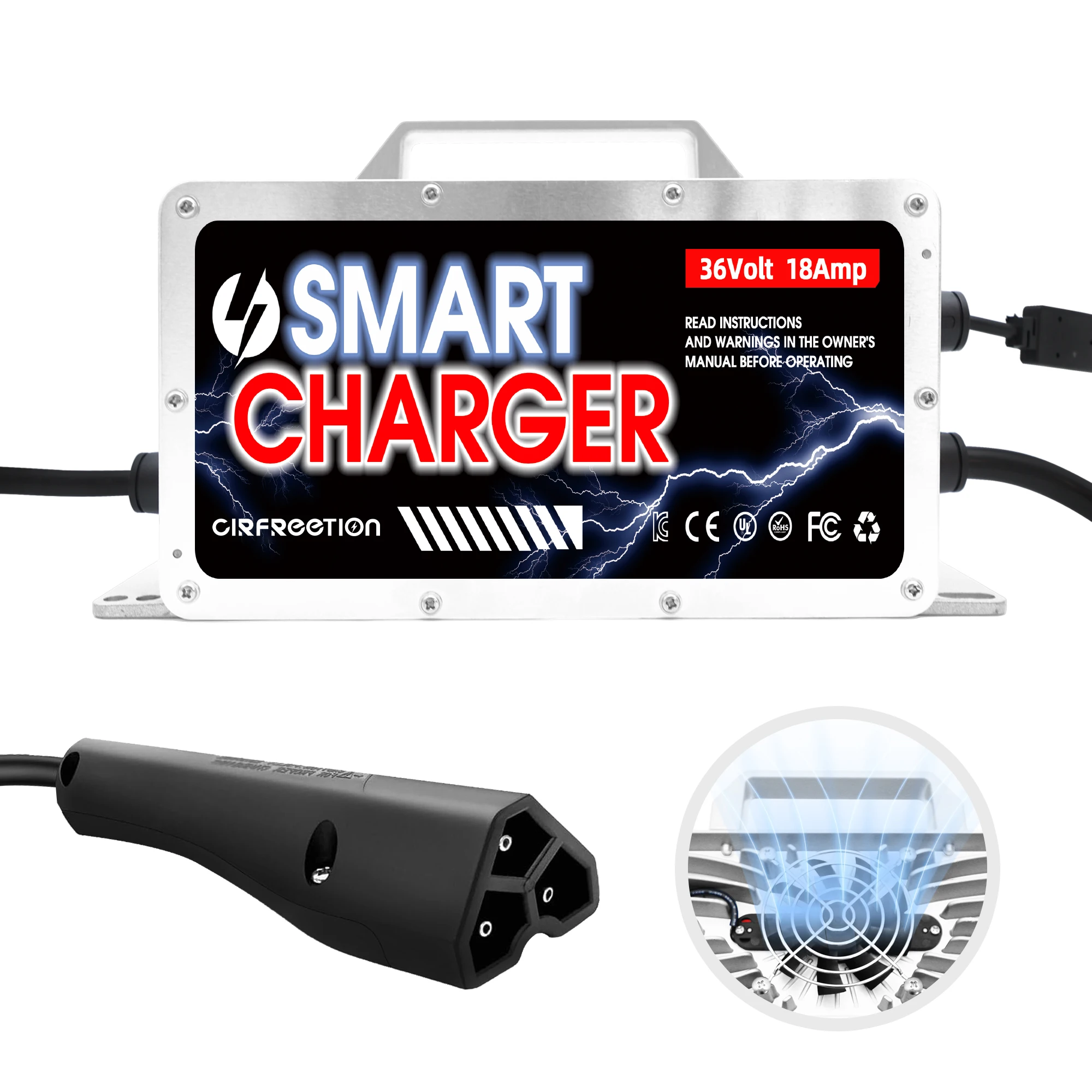 

Зарядное устройство для свинцово-кислотных аккумуляторов 36 В, 18 А с 3-контактной треугольной вилкой для тележки для гольфа EZGO RXV