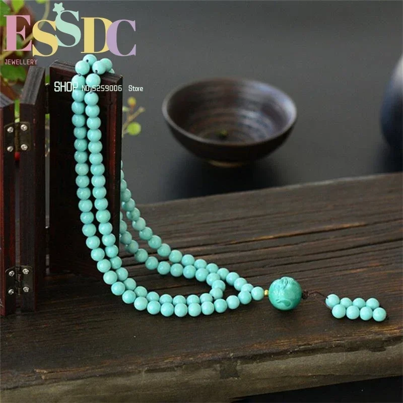 Beautiful 7mm Natural Raw Mine Blue Turquois Beads Bracelet 108 Mala Buddha Head Pendant Necklace Men or Women Jewelry Dropship