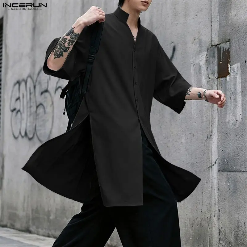 INCERUN Men Long Style Shirt Solid Color Stand Collar Half Sleeve Men Clothing Streetwear Oversize Split Side 2026 Casual Tops