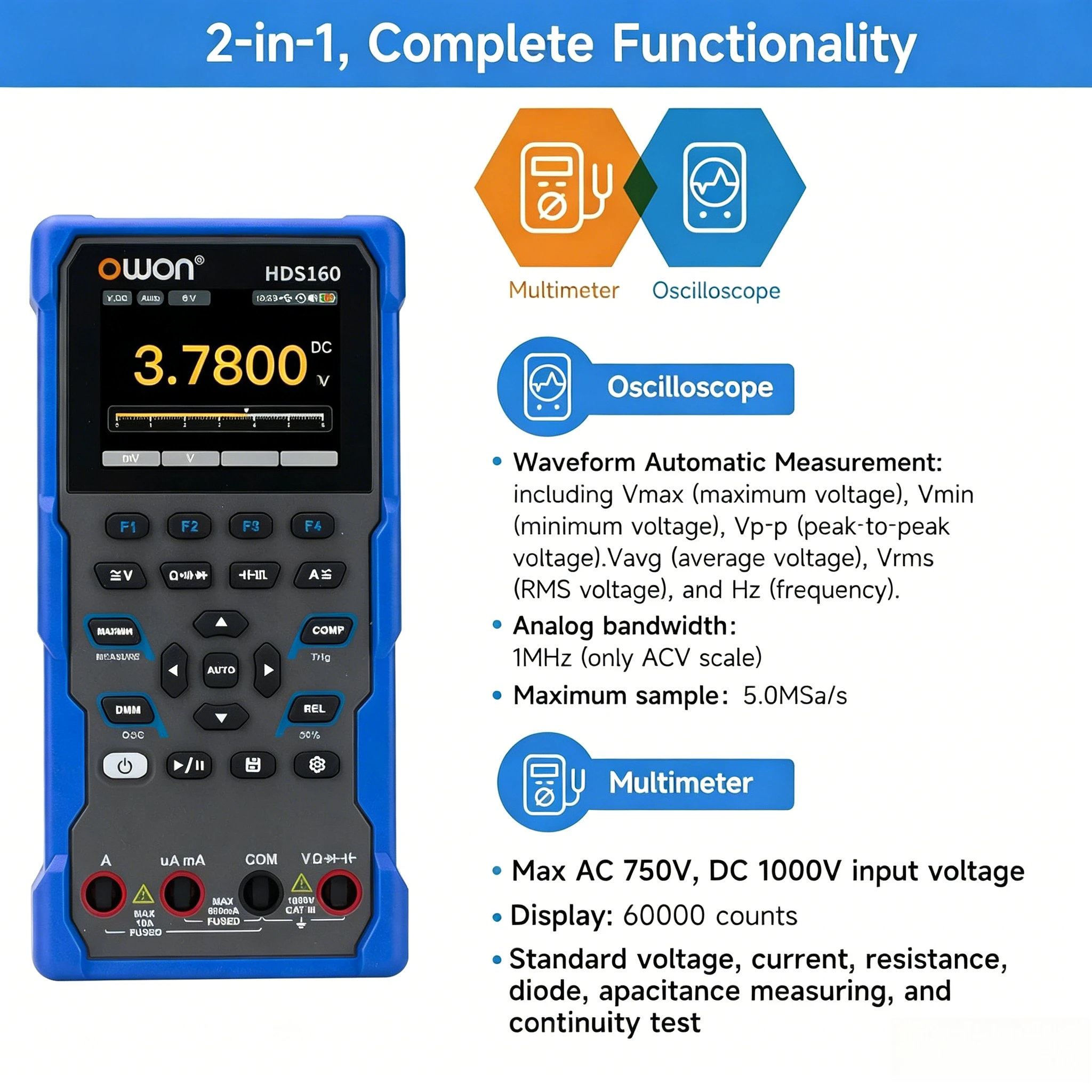 OWON HDS120 HDS160 Portable Handheld Oscilloscope Multimeter, 4.5 Digit Measure Voltage Current Capacitance Frequency