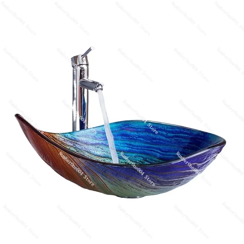 Tempered Glass Bathroom Sink Faucet Set With Sewer Accessories T12* 550*380*170MM Fashion Art Washbasin Bath Above counter Basin