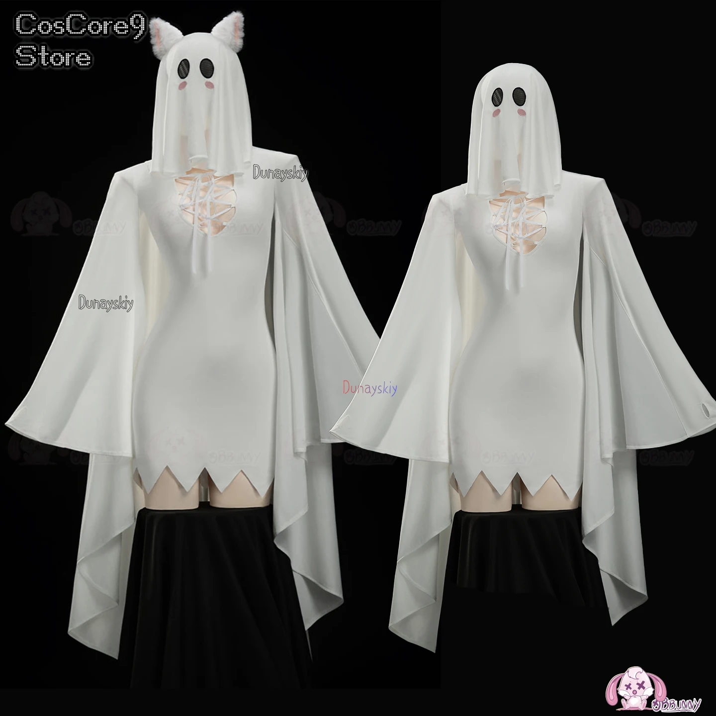 

White Cat Ears Stretchy Bodycon Dress Ghost Cat Girl Cosplay 코스프레 Anime Game Character Outfit Halloween Party Women Girl