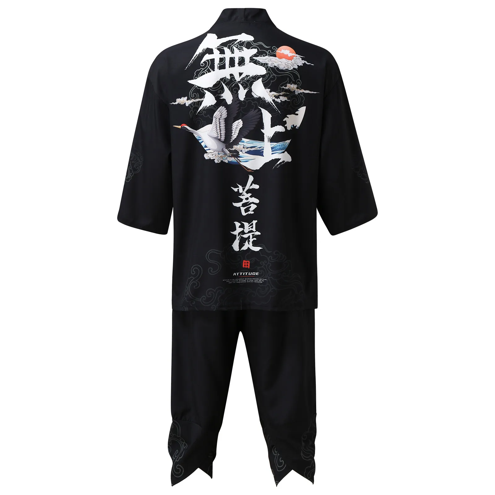 Men's Urban Casual Fashionable Two Piece Set Men's Loose Ancient Style Digital Printed Kimono Toga Cardigan Top Pants Shirt Set