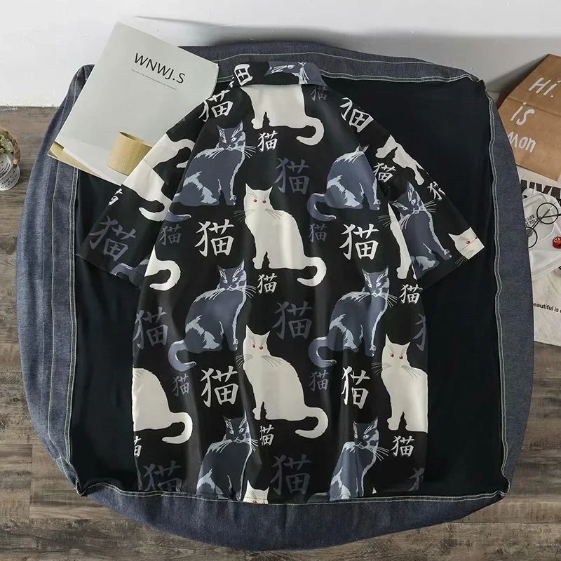 Summer High Quality Mens Hawaiian Shirt 3D Animal Black Cat Printed Short Lapel Sleeve Big Size Hawaii Men Beach Floral Shirts