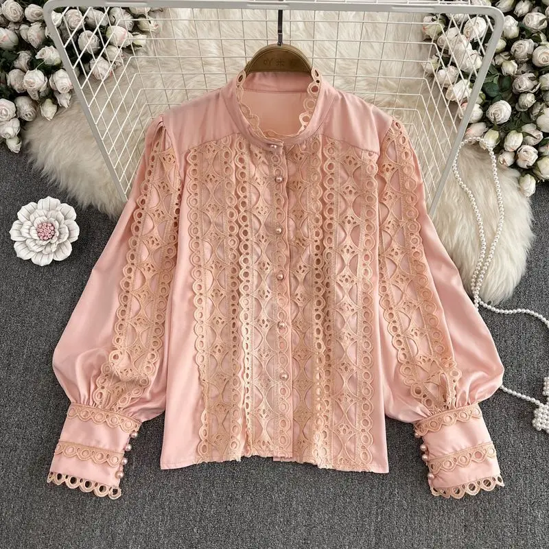 Autumn Purple/Rose Red/White Hook Flower Hollow Out Lace Blouse Women Vintage Stand Collar Lantern Long Sleeve Shirt New Blusas