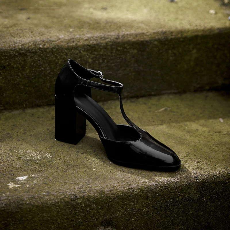Genuine Leather T-Strap High Heel Pumps for Women