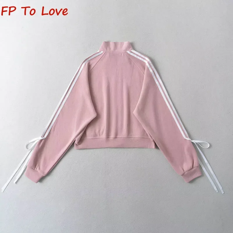 2024 Spring Autumn Sweet Side Pull Stripes Bow Tops Standing Collar Loose Sports Jacket Zip Cardigan