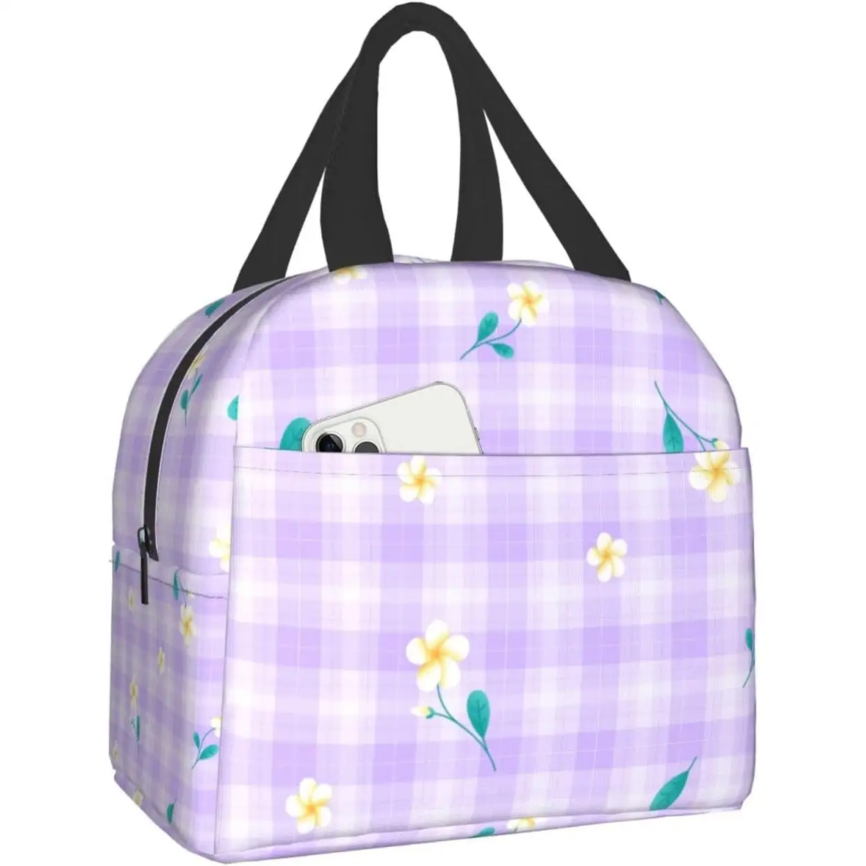 Purple Lilac Violet Flower On Purple Plaid Lunch Box Bento Box Insulated Lunch Boxes Reusable Waterproof Lunch Bag With Front