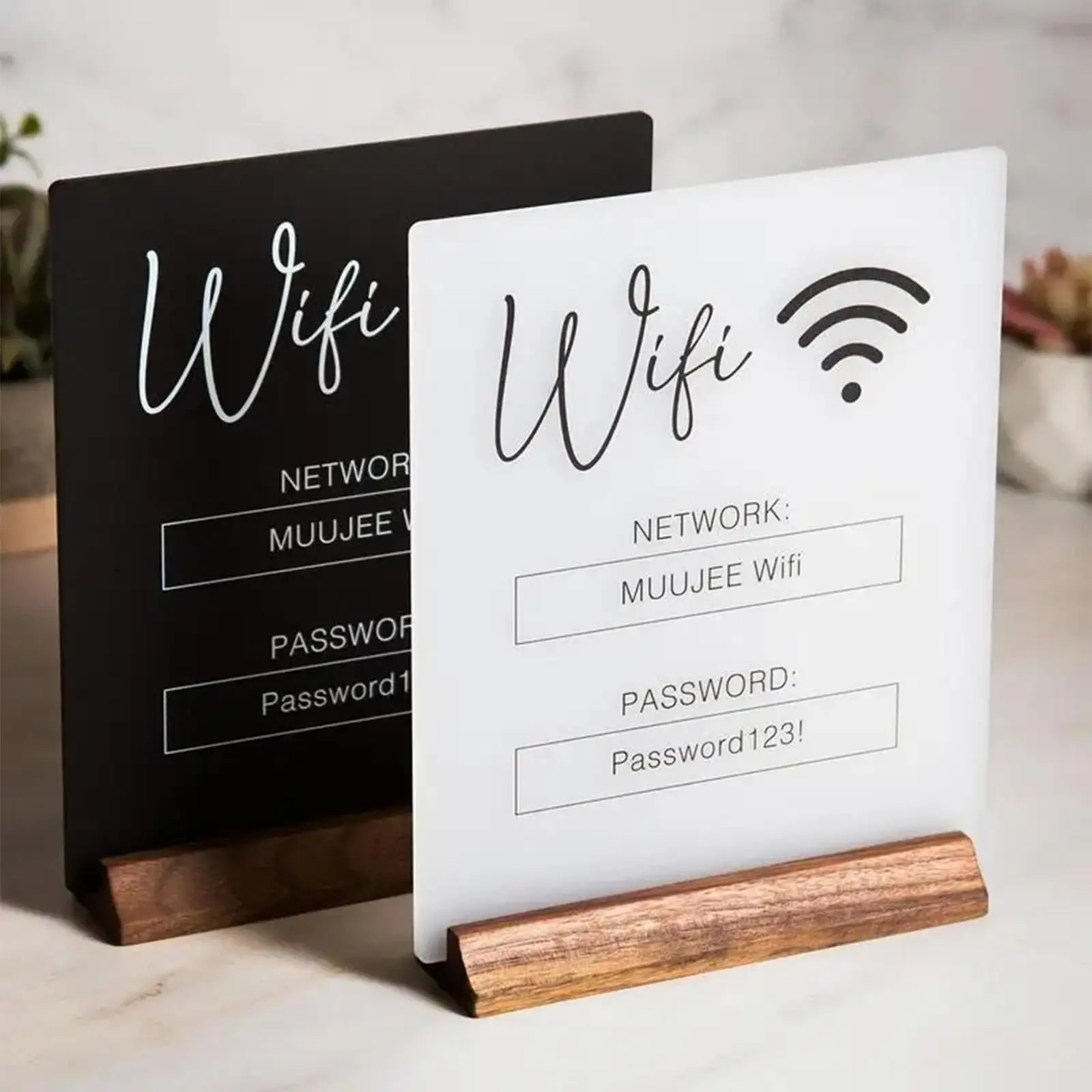 Acrylic Desktop Password Sign Holder Stand Frosted Wifi Display with Wooden Base for Shop Counter Table Menu Card