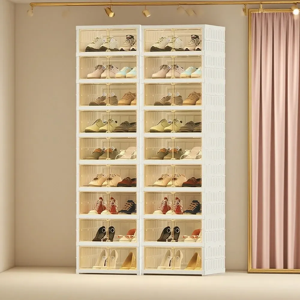 

Foldable Shoe Cabinet With Doors Holds 18 Pairs, Large Plastic Shoe Storage Organizer, Easy To Assemble, Portable Shoe Rack For