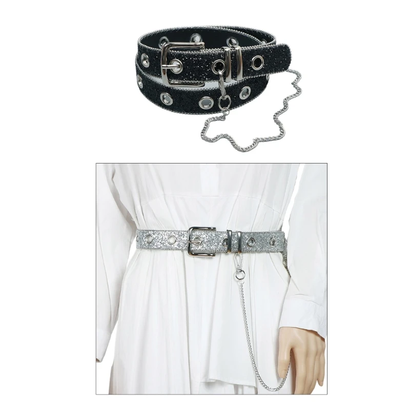 

Sparkly Women Leather Belts Single Grommet Detachable Chain 1.3" Wide Faux Leather Casual Waist Belt for Jeans Pant