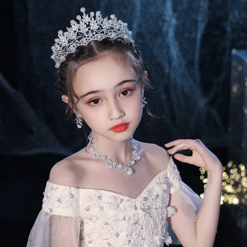 

Luxury Pearl Zircon Girls Children Crown Earrings Necklace Jewelry Set Hair Accessories Bridal Hair Party Jewelry Gifts New