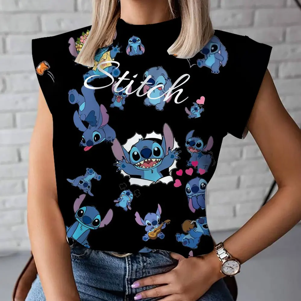 

New casual versatile Stitch women's vest 3D anime cute print y2k Harajuku street ladies high collar T-shirt 2024 new summer