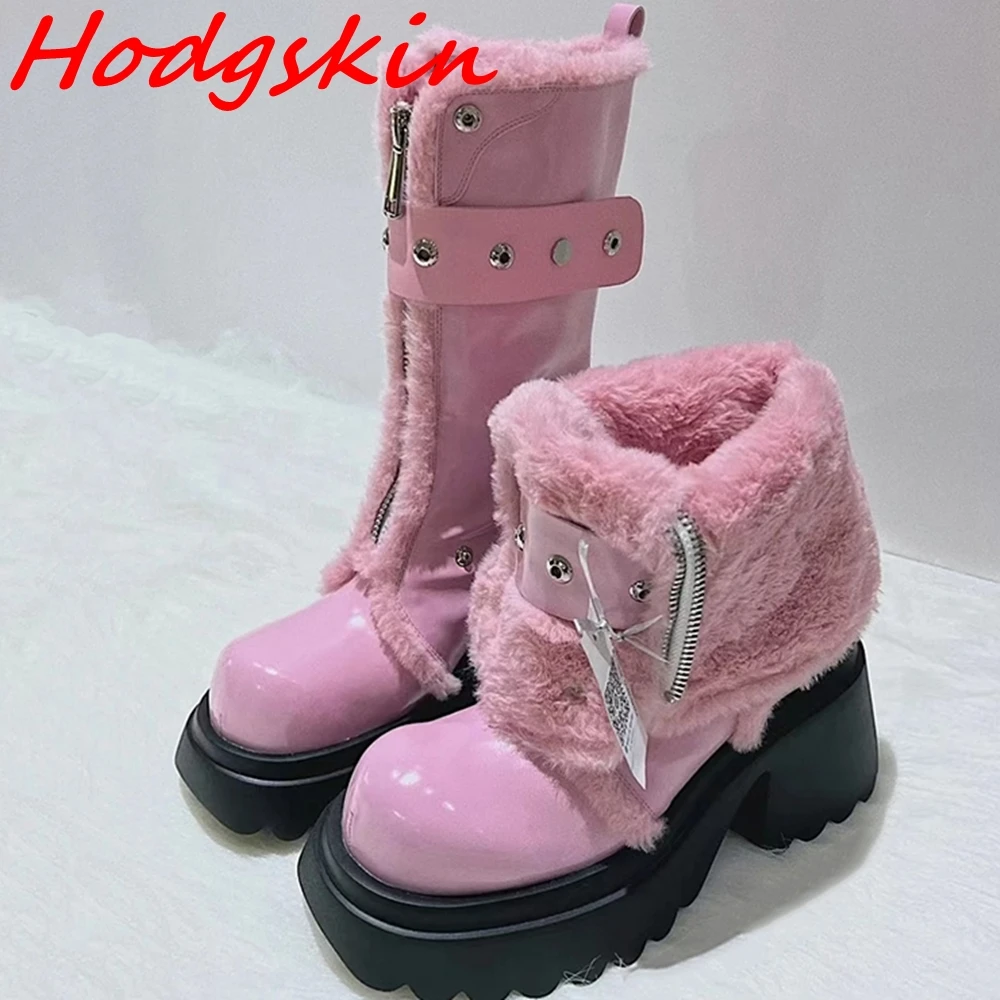 Winter Newest Warm Boots Women Mixed Colors Round Toe Zipper Metal Button Straight Strap Flat Thick Sole Lovely Comfy Mid Boots