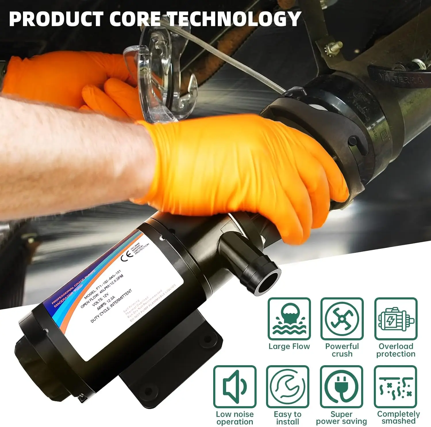 Macerator Pump for RV, 12V 12GPM RV Macerator with Quick-Release, Sewage Pump with Garden Hose Discharge Port for Marine