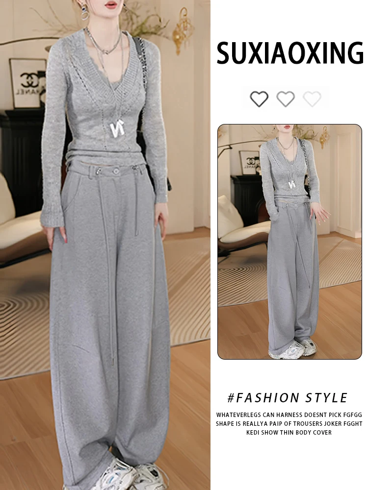 

High Waist Casual Trousers Women's Spring Autumn New Style Pure Color Versatile Cuffed Sweatpants Fashionable European Design