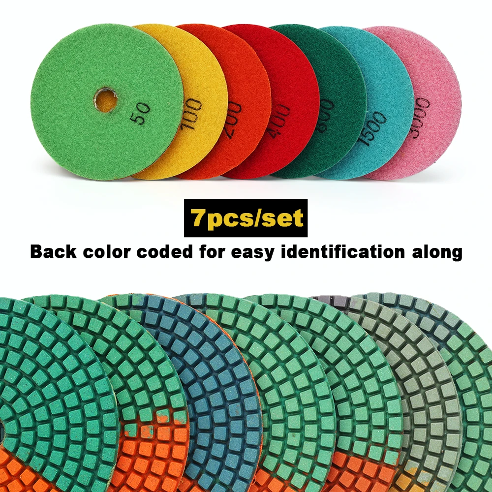 7pcs/Set  Colorful Diamond Wet Polishing Pad 4 inch Grinding Discs Flexibale Sanding Pad For Marble Granite Engineered Stone