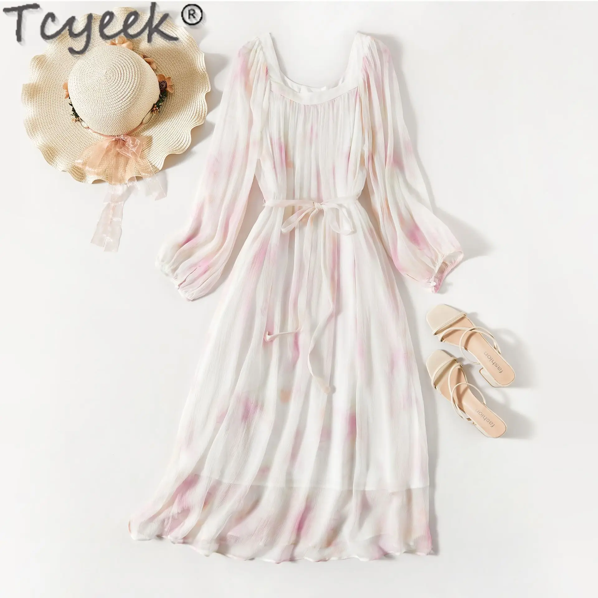 

Tcyeek 100% Real Silk Womens Dresses Beach Dress Elegant and Pretty Women's Dresses Summer Clothes Long Sleeve Vestido Mujer