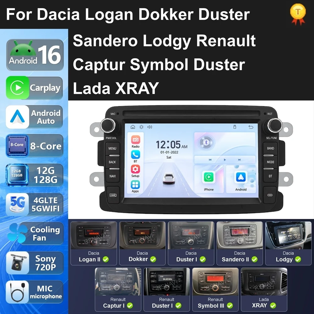 Car Radio Android 16 For Dacia Logan Dokker Duster Sandero Lodgy Renault Captur Symbol Duster Lada XRAY carplay auto dsp bt 4G