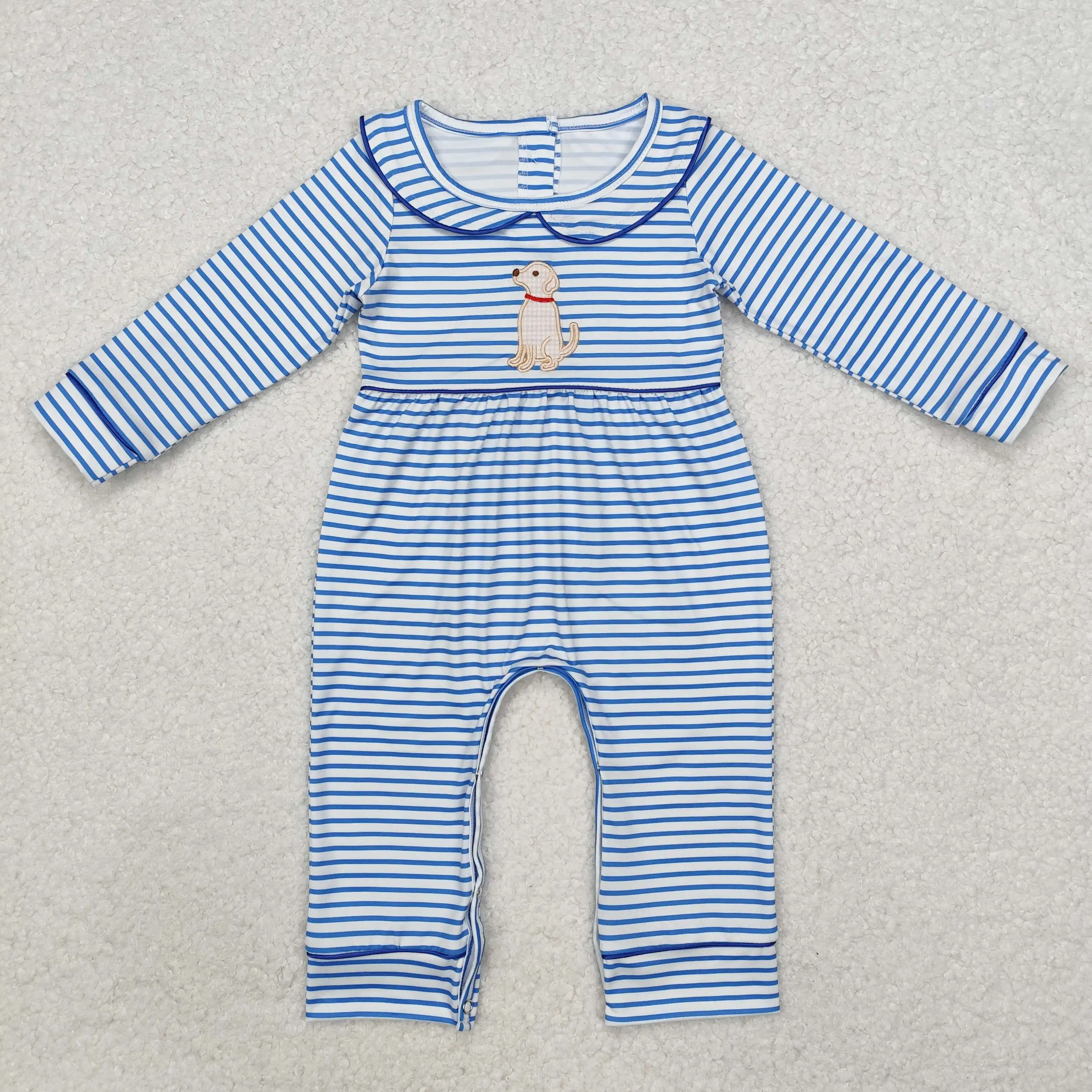 

new rts baby girls romper wholesale boutique embroidery puppy blue stripe fall girls romper