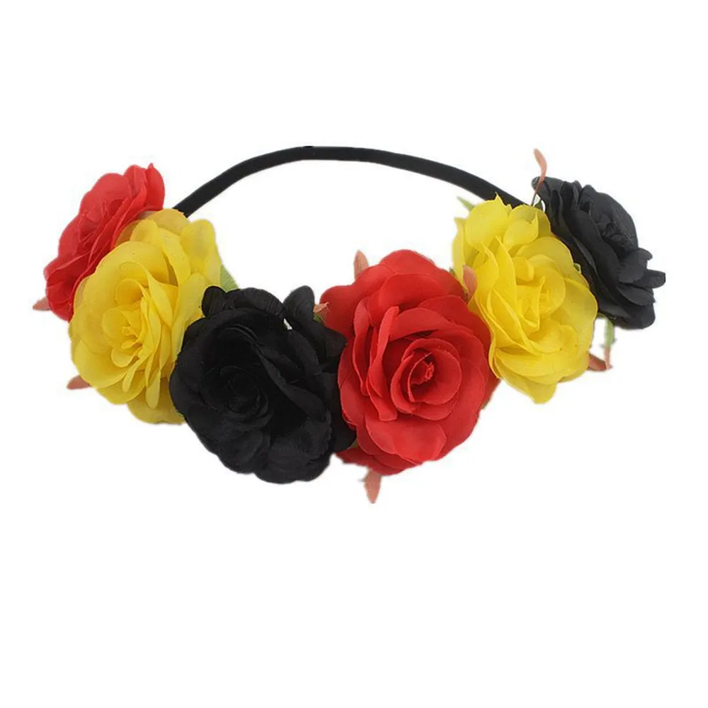 Womens Mexican Simulated Rose Flower Crown Headband Day of The Dead Halloween Headpiece Colorful Fake Stamen Party Hair Hoop