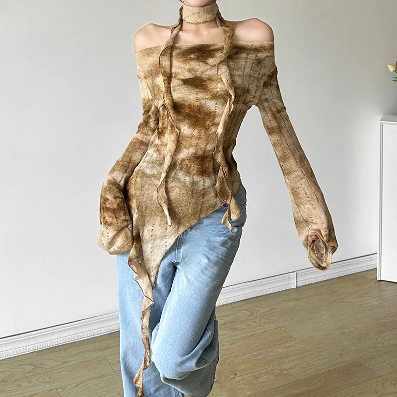 

Модная женская футболка с асимметричным дизайном и открытыми плечами для осени, новинка для трансграничной торговли