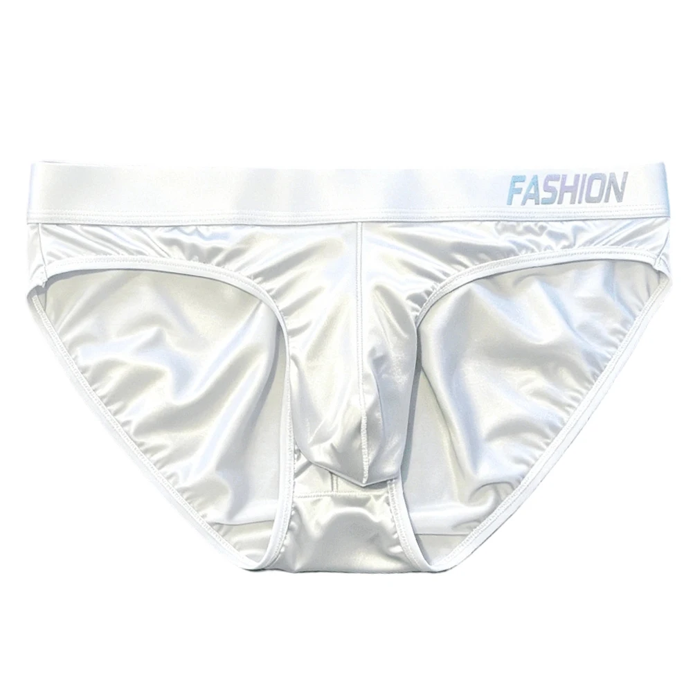 Men\'s Shiny Glossy Ice Silk Briefs Gradient Letter Wide Waistband Smooth Soft High Elastic Sexy Low Rise Male Underwear