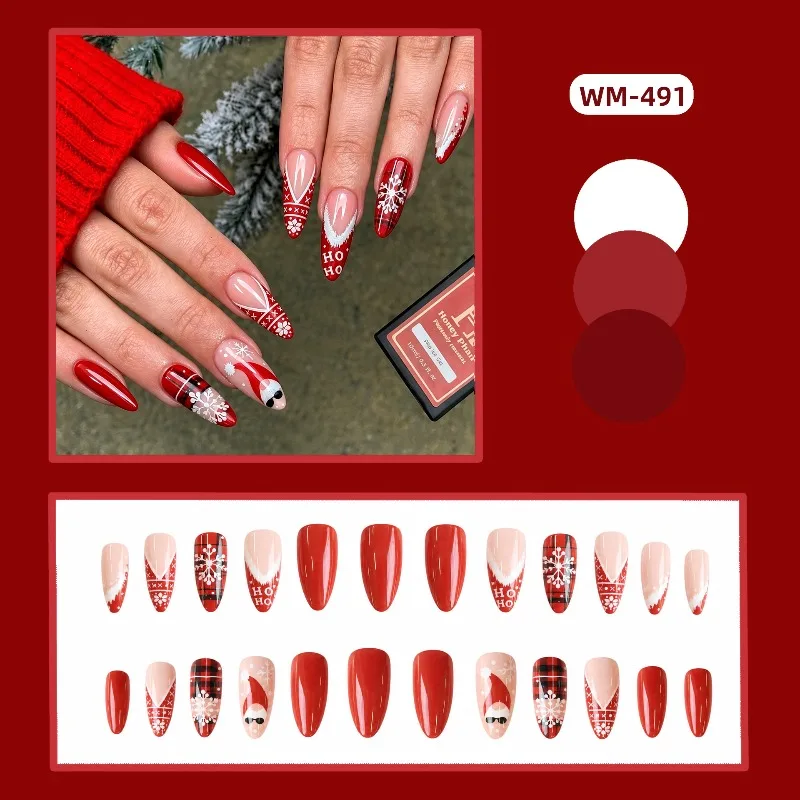 24Pcs Press-On Nails Warm Red Diamond Pattern Almond Shape Snowflake Christmas Hat and Checkered Designs—Perfect for Women