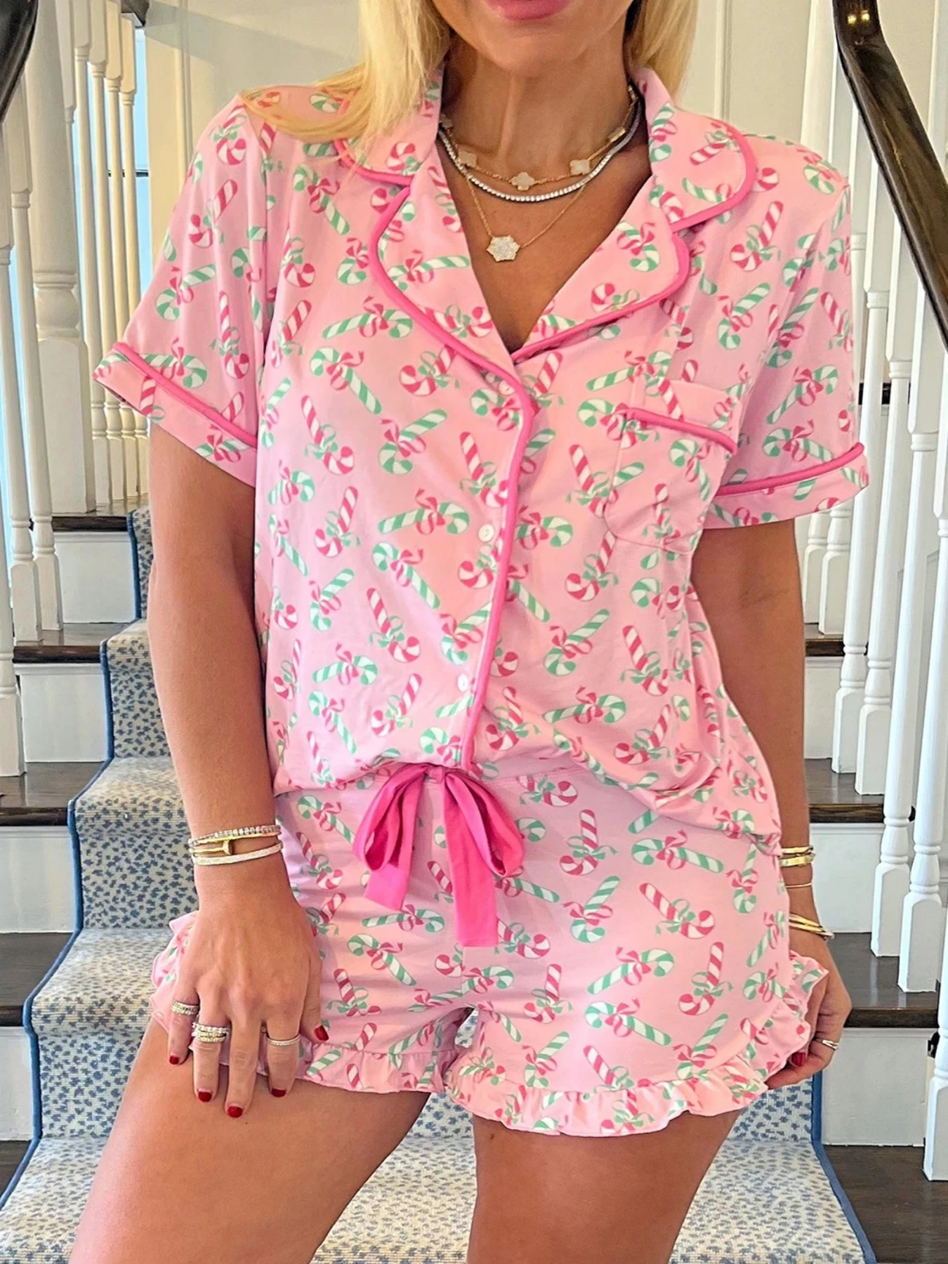 Women Christmas Candy Cane Print Pajama Set Short Sleeve Lapel Shirt Ruffle Shorts 2Pcs Autumn Loungewear Sleepwear Home Suit