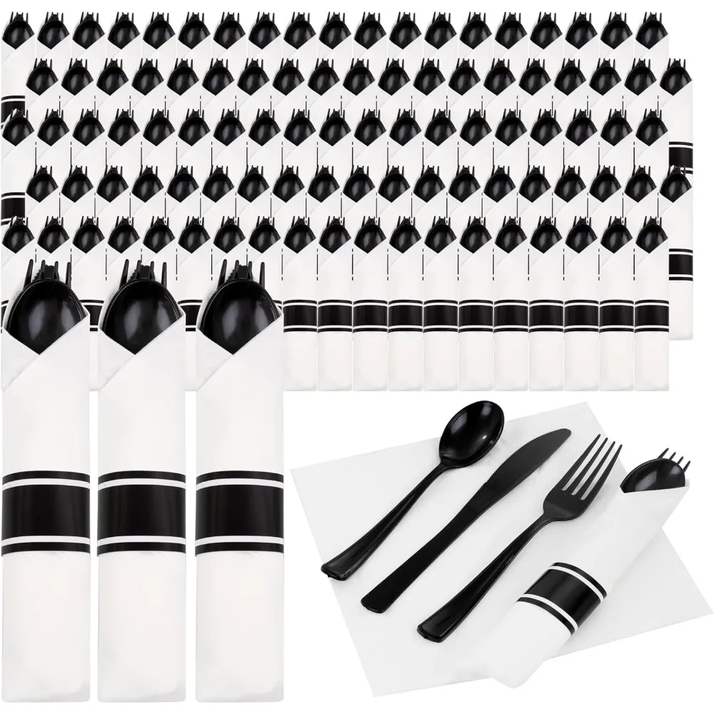 Rolled Black Plastic Silverware Set Disposable Heavy Duty Cutlery with Napkin Pre Wrapped Rolled Silverware Utensils