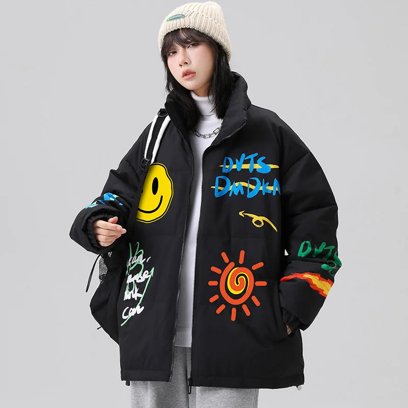 GIOIOMen's Down Jacket，Autumn Winter White Duck Down Filled Inner Liner Stand Collar Graffiti Loose Down Cotton Jacket Coat