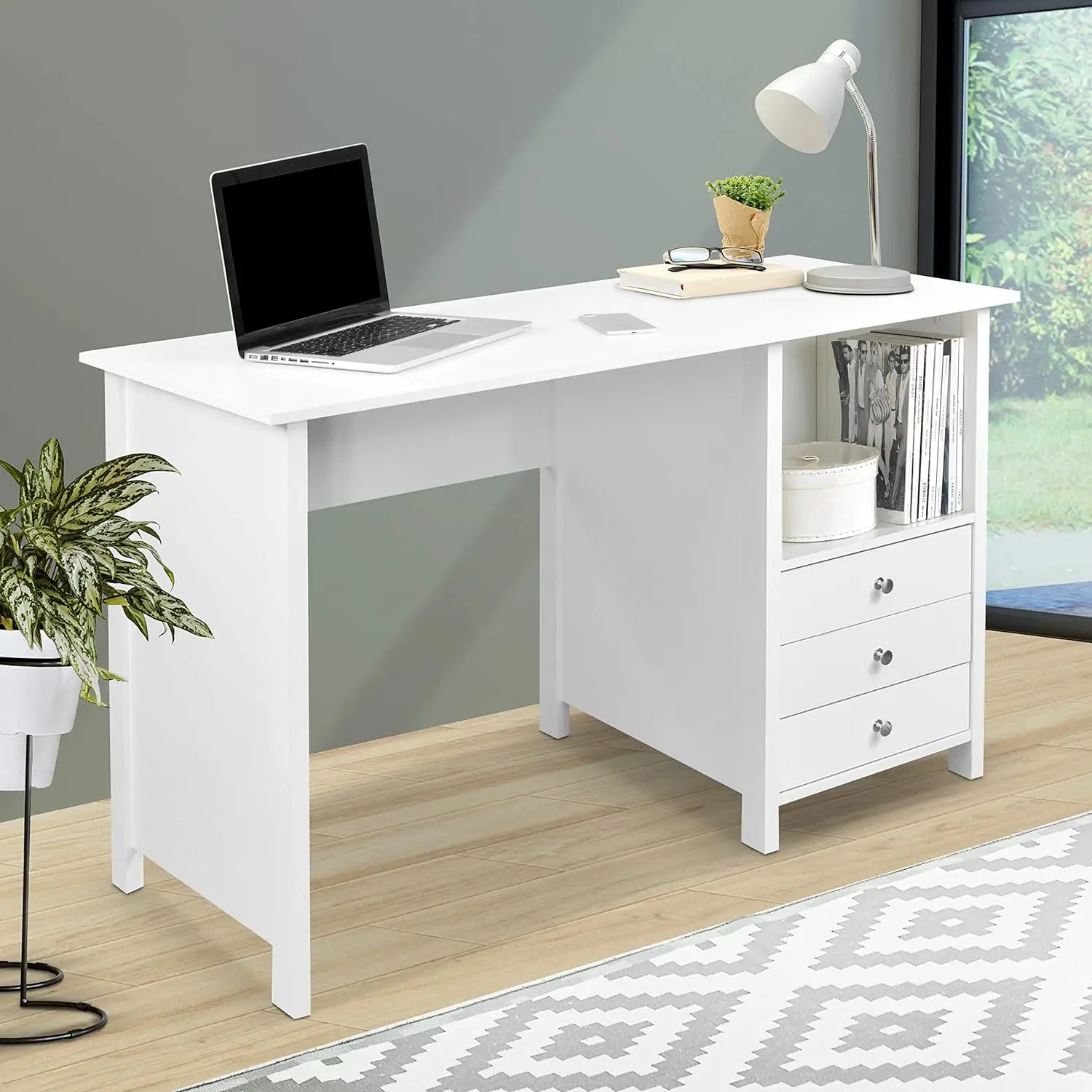 White Desk with Drawers, Small Office Desk with 3 Cabinet Drawers, Open Shelf, Laminated Wooden Panels Office & Study Table